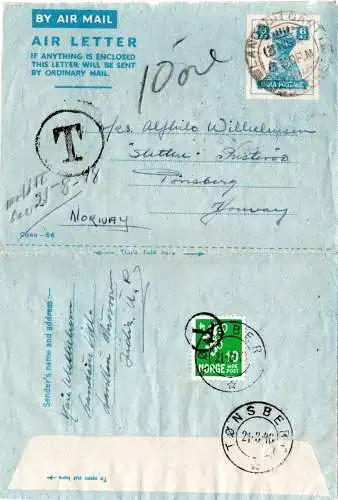 Indien 1948, 6 A. Air Letter (Aerogramm) m. "T" u. rs. Norwegen Portomarke