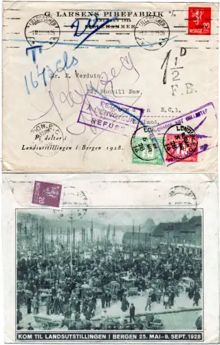 Norwegen 1928, Landsutstillingen Bilderbrief v. Lillehammer m. 2 GB Portomarken