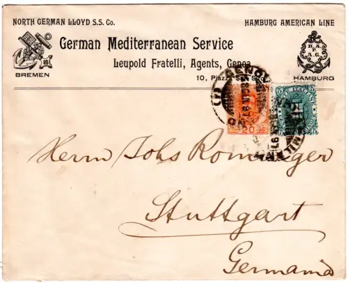 Italien 1897, 5+20 C. auf Umschlag des Lloyd German Mediterranean Service 