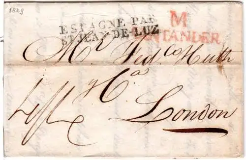 Spanien 1829, roter L2 M SANTANDER auf Porto Brief via Frankreich n. GB