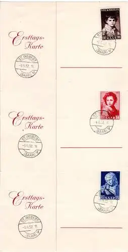 Saar 3.11.1952, Volkshilfe, alle 3 Werte je auf sauberer FDC-Karte.
