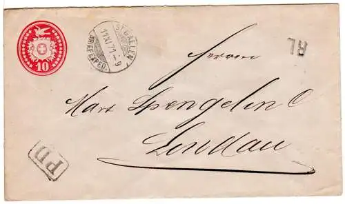 Schweiz 1871, 10 C. Tübli Ganzsache Brief v. St. Gallen m. PD u. RL n. Lindau