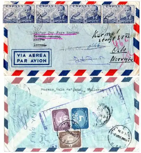 Spanien 1954, 4x 1 P. auf Luftpost Brief v. Mallorca m. rs. 3 Israel Portomarken