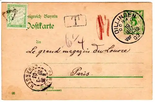 Bayern 1903, 5 Pf. Ganzsache v. Dillingen m. Frankreich 15 C. Portomarke