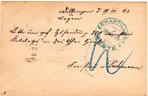 Bayern 1903, 5 Pf. Ganzsache v. Dillingen m. Frankreich 15 C. Portomarke