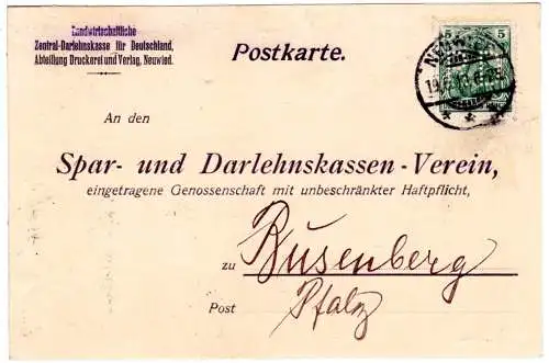 DR 1913, 5 Pf. Germania m. perfin auf Firmenkarte v. Neuwied