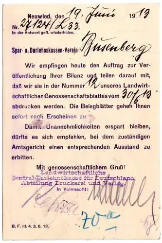 DR 1913, 5 Pf. Germania m. perfin auf Firmenkarte v. Neuwied