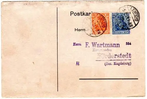 DR 1921, 10+30 Pf. Germania m. perfins auf Firmenkarte v. Leipzig