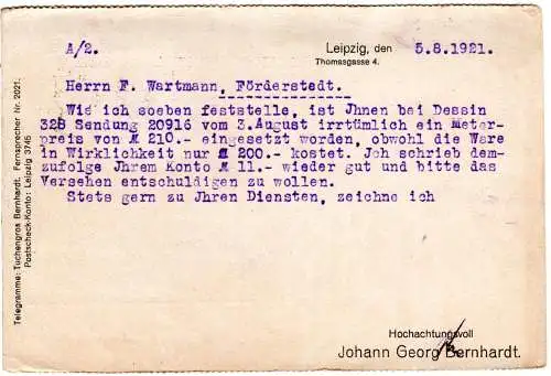 DR 1921, 10+30 Pf. Germania m. perfins auf Firmenkarte v. Leipzig