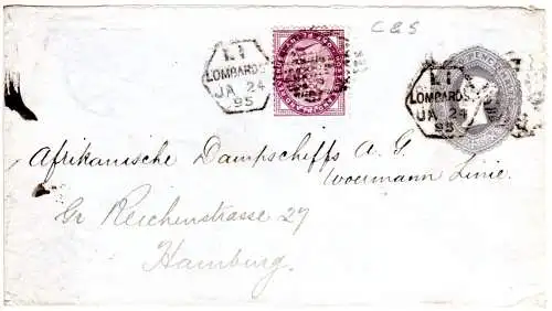 GB 1895, 1d m. perfin als Late Fee Zusatzfr. auf 2 1/2d Ganzsachenumschlag 