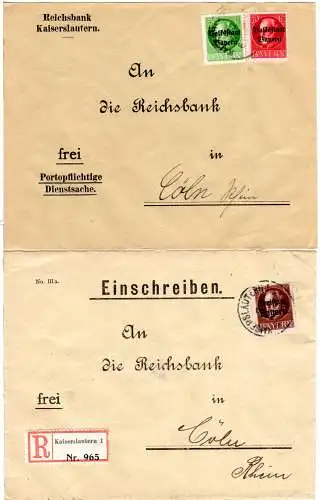 Bayern 1919/20, 2 Reichsbank Briefe v. Kaiserslautern dabei 1mal Einschreiben