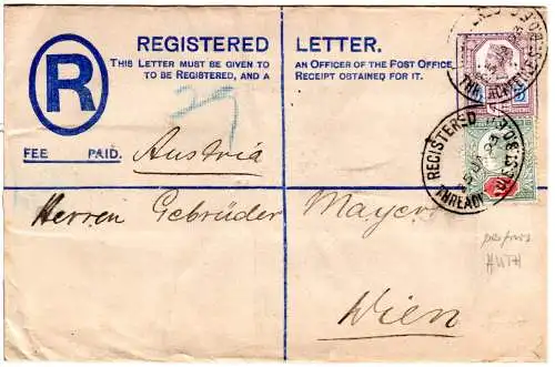 GB 1893, 2+5d m. perfins als Zusatzfr. auf 2d Reko Ganzsachenumschlag 