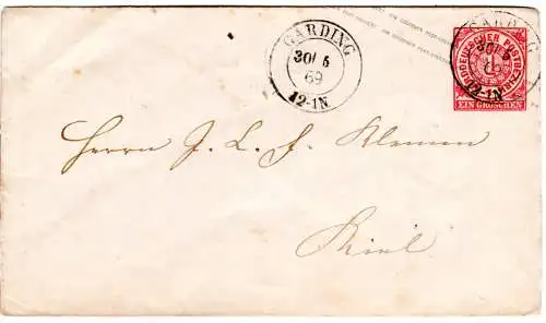 NDP 1869, nachverwendeter Preussen-K2 Garding klar auf 1 Gr. Ganzsachenumschlag