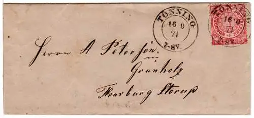 NDP 1871, nachverwendeter Preussen-K2 Tönning klar auf Brief m. 1 Gr.