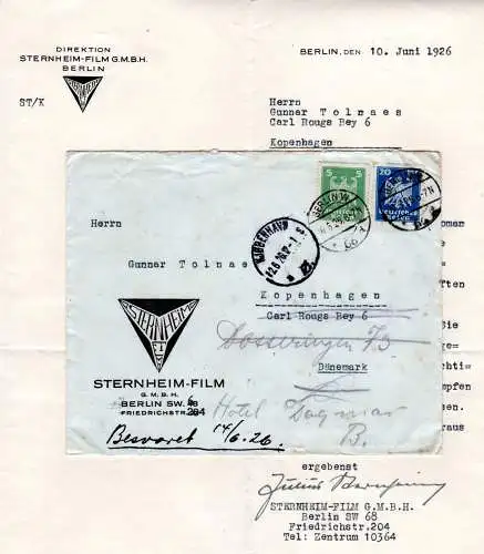 DR 1926, 5+20 Pf. auf Sternheim-Film Brief v. Berlin an Schauspieler G.Tolnaes