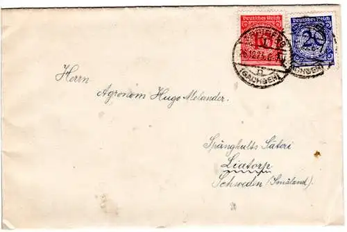 DR 1923, Dezemberbrief v. Freiberg (Sachsen) n. Schweden m. 10+20 Pf.