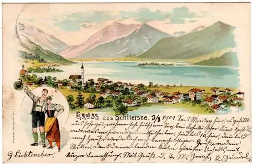 Gruß aus Schliersee, 1901 gebr. Litho-AK.