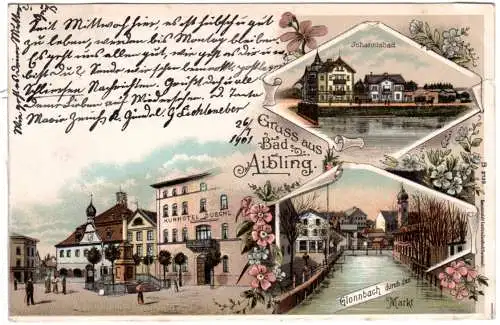 Gruß aus Bad Aibling m. Kurhotel Duschl, 1901 gebr. Litho-AK.