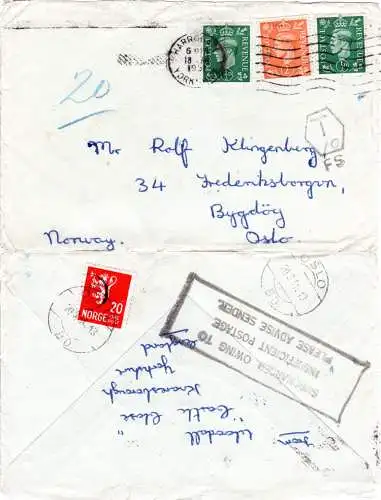 GB 1951, 2+2x1/2d auf Brief v. Harrogate n. Oslo m. rs. Norwegen Portomarke