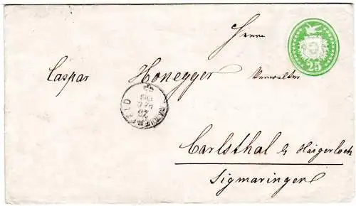 Schweiz 1868, Graubünden Fingerhutstpl. Maienfeld auf 25 C. Tübli Ganzsache