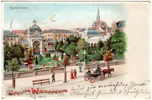 Gruß aus Wiesbaden, Halt gegen das Licht Mondscheinkarte, 1903 gebr. Litho-AK.