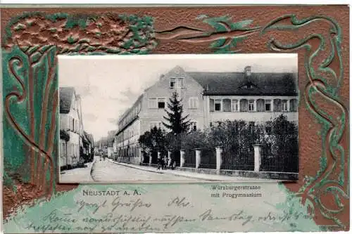 Neustadt a.A., Würzburgerstr. m. Progymnasium, 1909 gebr. Passepartuot Präge-AK.