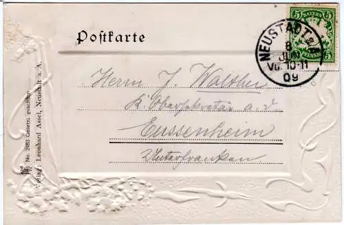 Neustadt a.A., Würzburgerstr. m. Progymnasium, 1909 gebr. Passepartuot Präge-AK.