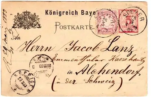 Bayern 1883, 5 Pf. auf 5 Pf. Ganzsache v. Speyer n. Alchenstorf i.d. Schweiz