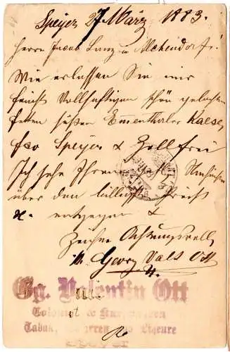 Bayern 1883, 5 Pf. auf 5 Pf. Ganzsache v. Speyer n. Alchenstorf i.d. Schweiz