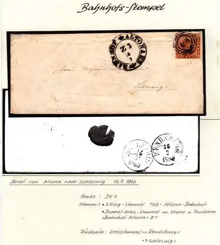 Dänemark 1860, sehr breitrandige 4 Sk. auf Brief m. Stpl. 168 Altona Bahnhof