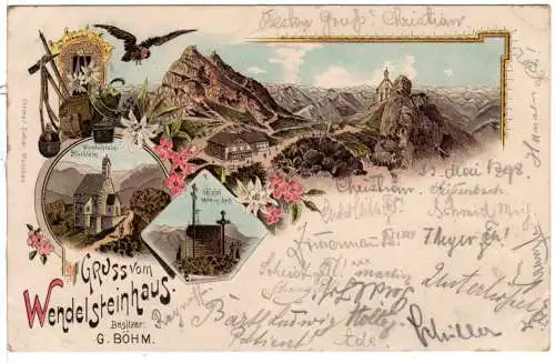 Gruss vom Wendelsteinhaus, 1898 gebr. Litho-AK m. 5 Pf. u. K1 Wendelsteinhaus