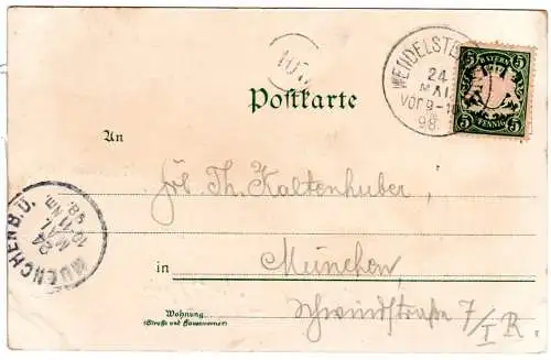 Gruss vom Wendelsteinhaus, 1898 gebr. Litho-AK m. 5 Pf. u. K1 Wendelsteinhaus
