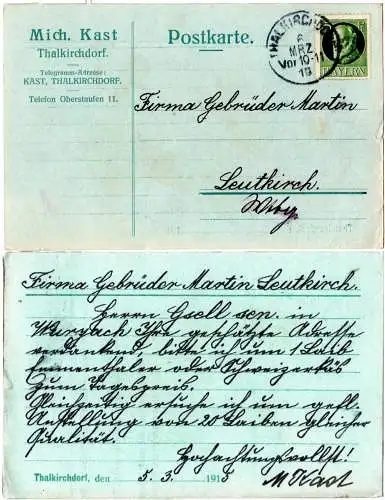 Bayern 1915, 5 Pf. auf Firmenkarte v. K1  Thalkirchdorf