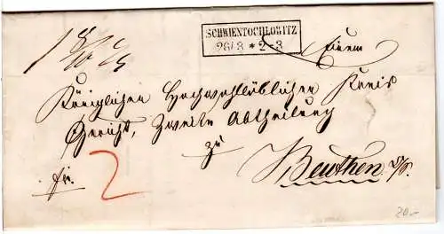 Preussen 1858, Schlesien-R2 Schwientochlowitz klar auf Franko Brief n. Beuthen