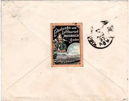 DR 1897, 20 Pf. auf Brief v. Mosbach m. rücks. Werbevignette