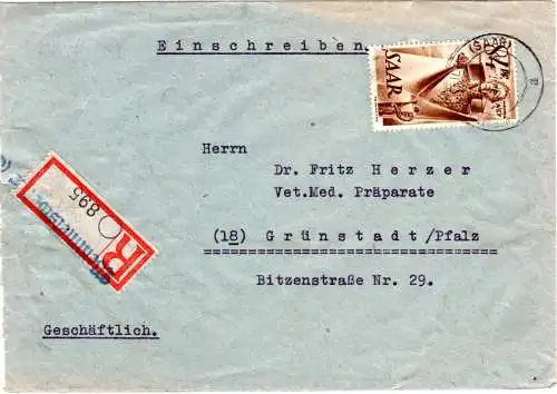 Saar 1947, 84 Pf. auf Einschreiben Brief v. Wemmetsweiler n. Grünstadt