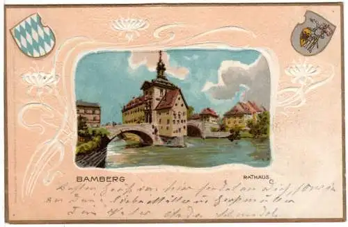 Bamberg, Wappen-Präge Karte m. Rathaus, 1902 gebr. Farb-AK