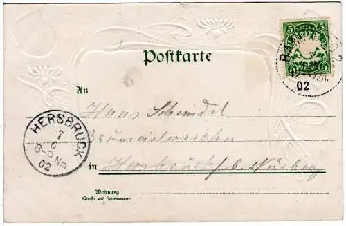 Bamberg, Wappen-Präge Karte m. Rathaus, 1902 gebr. Farb-AK