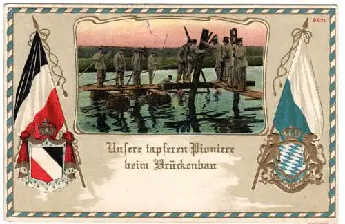 Unsere tapferen Pioniere beim Brückenbau, 1915 gebr. Wappen Präge-AK 