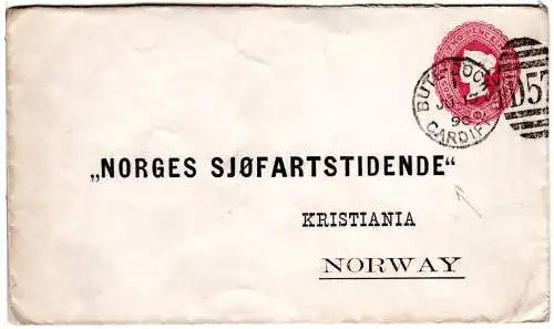 GB 1890, 2 1/2d Privat Ganzsache Brief m. Bute Docks Cardiff Duplex n. Norwegen