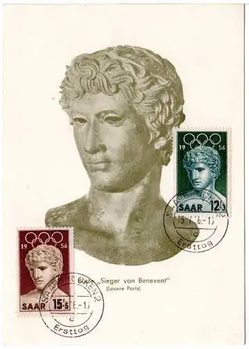 Saar 1956, 12+15 F. Olympiade auf Maximum Karte FDC