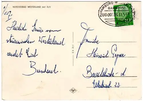 BRD 1957, Bahnpost Hamburg-Westerland klar auf Sylt sw-AK m. 10 Pf.