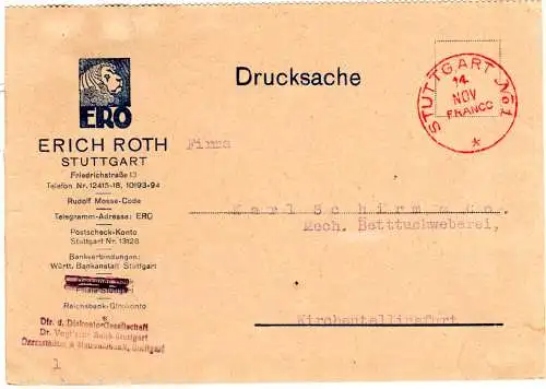 DR 1923, roter STUTTGART No1 Franco auf ERO Firmenkarte