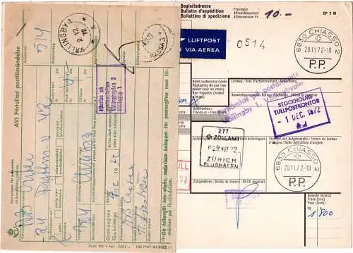 Schweiz 1972, CHIASSO 2 P.P. auf Luftpost Paketkarte m. Schweden Porto-Etikett