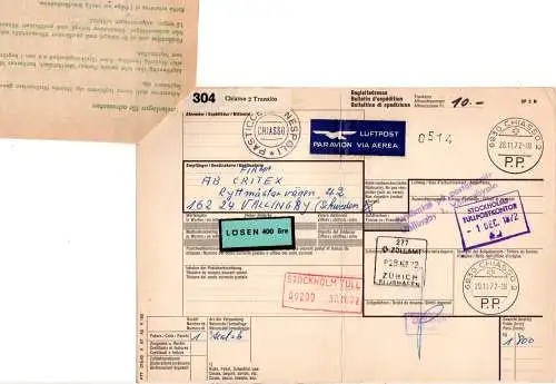 Schweiz 1972, CHIASSO 2 P.P. auf Luftpost Paketkarte m. Schweden Porto-Etikett