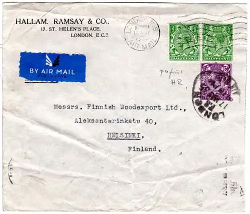 GB 1935, 3+2x1/2 d m. perfin auf Luftpost Brief v. London n. Finnland