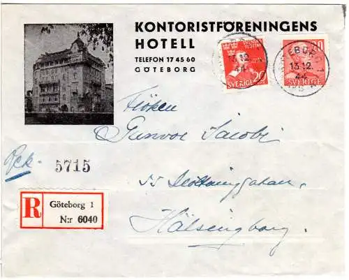 Schweden 1944, 2x20 öre auf Einschreiben Hotel Bilder-Brief v. Göteborg