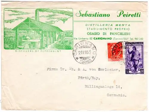 Italien 1955, 10+50 L. auf Distilleria Menta Brief v. Carignano n. Deutschland