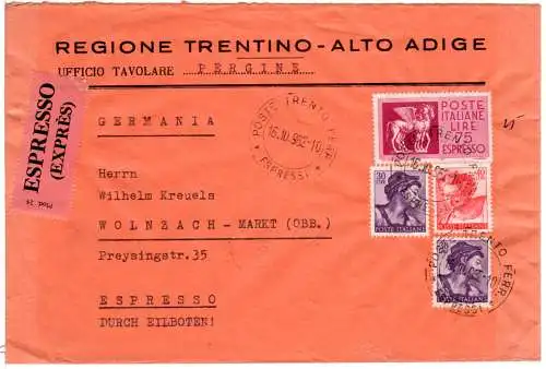 Italien 1962, 75+40+2x30 L. auf Express Brief v. Trento n. Deutschland
