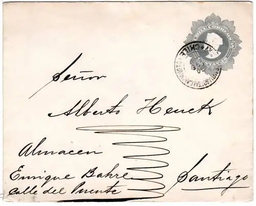 Chile 1909, Bahnpost-K2 Santiago Talcahuano auf 5 C. Ganzsachenumschlag